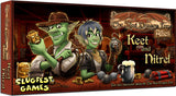 Angled game box with a red-and-black fantasy scene showing a smiling green goblin holding a mug beside a blue-haired goblin, with coins, bombs and a dragon illustration. The cover reads “The Red Dragon Inn,” “Keet and Nitrel,” and “SLUGFEST GAMES.”