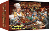 The Red Dragon Inn: Smorgasbox board game box shown at an angle, with its front cover depicting a white-hatted chef serving a feast to colorful fantasy tavern characters; the red spine has ornate artwork. Cover text reads “The Red Dragon Inn,” “Smorgasbox” and “SLUGFEST GAMES.”