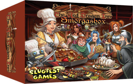 The Red Dragon Inn: Smorgasbox board game box shown at an angle, with its front cover depicting a white-hatted chef serving a feast to colorful fantasy tavern characters; the red spine has ornate artwork. Cover text reads “The Red Dragon Inn,” “Smorgasbox” and “SLUGFEST GAMES.”