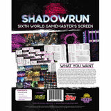 Shadowrun Sixth World Gamemaster’s Screen shown in a product collage, with purple-and-black sci-fi panels, city artwork, white reference tables, and colorful scene inserts and cards. The package reads “SHADOWRUN” and “SIXTH WORLD GAMEMASTER’S SCREEN.”