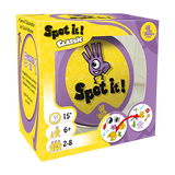 Yellow-and-purple Spot It! game box shown at an angle, with the front and left side visible. The front reads “Spot It!” and “Classic” above a round game tin graphic, cartoon hand and eye, and illustrated symbol cards; the side shows more game artwork.