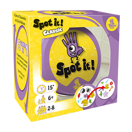 Yellow-and-purple Spot It! game box shown at an angle, with the front and left side visible. The front reads “Spot It!” and “Classic” above a round game tin graphic, cartoon hand and eye, and illustrated symbol cards; the side shows more game artwork.