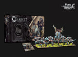 A Nords: Stalkers miniature set is displayed with a dark Conquest box, a small card, and a row of painted blue-gray armored infantry on green bases, including a taller central figure. The box reads “CONQUEST,” “Nords,” and “STALKERS.”