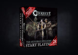A black Conquest Hundred Kingdoms starter set box is angled to show its front and left spine, with red corner accents and artwork of armored fantasy warriors. The front reads “CONQUEST,” “THE HUNDRED KINGDOMS,” “START PLAYING” and “28 Miniatures.”