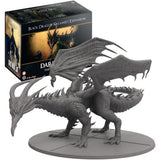 A large gray dragon miniature with spread wings, a long horned head and spiked tail stands on an oval base, with its expansion box behind it. The dark box shows dragon artwork and the title “BLACK DRAGON KALAMEET EXPANSION.”