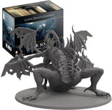 A large gray, spiky dragon miniature crouches with its ragged wings spread on an oval base, in front of a dark illustrated game box labeled “GAPING DRAGON EXPANSION.”