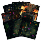 A fan of square Dark Souls board game tiles shows several dark fantasy map layouts, including shadowy green forest paths and gray stone floors with glowing orange fire. Yellow, red, and purple circular markers dot the tiles.