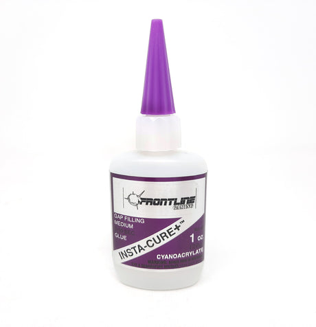 White glue bottle with a tall pointed purple cap and a white-and-purple label reading “GAP FILLING MEDIUM” and “INSTA-CURE+”; “1 oz” and “CYANOACRYLATE” are also visible. Shown upright against a plain white background.