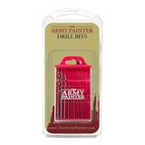 A clear blister pack holds slim silver twist drill bits in a bright red holder against an olive-green card. The card reads “THE ARMY PAINTER” and “DRILL BITS.”