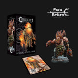A painted, muscular fantasy miniature crouches on a rocky base, with a fiery orange-and-blue mane and beard, dark armor and a large gauntlet. Its box and an illustrated card are displayed beside it, with “CONQUEST” and “TEMPERED SORCERER” on the box.