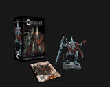 A gray-bearded, armored Dweghom miniature in steel-blue and red, standing with a long weapon and one arm raised, is shown beside its illustrated Conquest box and a matching art card with a QR code. The box reads “CONQUEST” and “TEMPERED STEELSHAPER”.