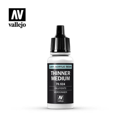 A small white Vallejo thinner medium bottle stands upright against a white background, with a tall black ribbed dropper cap and black label. The label reads “THINNER MEDIUM” and “70.524”; the Vallejo logo appears at upper left.
