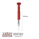 A red-handled miniature and model drill with a silver chuck and thin drill bit is shown vertically on a white background. A dotted height marker reads “125 mm,” beside the “THE ARMY PAINTER” logo and “MINIATURE & MODEL DRILL” text.