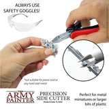 Red-and-black handled precision side cutters are shown trimming a small model piece held in a hand, with a circular close-up of the cutter jaws. The graphic includes clear safety goggles and the text “ALWAYS USE SAFETY GOGGLES!” and “PRECISION SIDE CUTTER.”