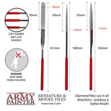 Product diagram showing three metal hobby files with long red handles and different pointed and flat abrasive tips, labeled 161 mm, 160 mm and 162 mm long. Insets show the red anti-slip grips; “THE ARMY PAINTER” and “MINIATURE & MODEL FILES” appear below.
