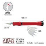 Product diagram of a hobby knife with a pointed silver blade and long red handle, shown beside five spare silver blades. Labels show 155 mm overall length and 20 mm blade length, with “THE ARMY PAINTER,” “HOBBY KNIFE,” and “Includes 5 extra blades!”