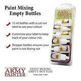 Six small white-capped paint mixing bottles with gold-and-gray labels sit in a clear blister pack beside the heading “Paint Mixing Empty Bottles.” The package and lower logo read “THE ARMY PAINTER.”
