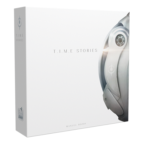 White T.I.M.E Stories board game box shown at an angle, with its narrow left spine visible and a cropped silver futuristic robot illustration on the right. The front reads “T.I.M.E STORIES.”