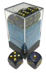 Speckled Twilight six-sided dice with yellow pips, shown as two loose dice beside a clear square display box with a black base and blue label. The label reads “CHX 25766” and “Twilight”; more matching dice are visible inside.