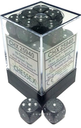 Dark gray, mottled six-sided dice with white pips fill a clear square dispenser, with two dice displayed in front. The label reads “CHX 25940” and “CHESSEX.”