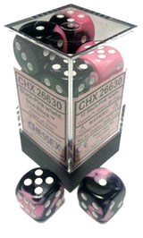 Black and pink marbled six-sided dice with white pips sit inside a clear cube package, with two matching dice displayed in front. The label reads “CHX 26630.”
