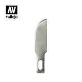 Single silver Vallejo general-purpose craft blade shown upright on a white background, with a curved cutting edge and an elongated mounting slot near its base. The black-and-white logo reads “AV” and “vallejo.”