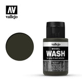 A dark gray Vallejo Model Wash bottle with a black ribbed cap stands beside a round dark gray color swatch on a white background. The label reads “vallejo,” “MODEL WASH” and “Dark Grey.”