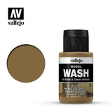 Vallejo Model Wash bottle with a black cap and khaki-brown label beside a matching round color swatch. The label reads “vallejo,” “MODEL WASH,” and “Dark Khaki Green.”