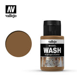 A Vallejo Model Wash bottle with a black cap and brown liquid is shown beside a large circular brown color swatch. Its label reads “WASH” and “European Dust,” with a rust-streaked background graphic.