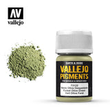 A small Vallejo pigment jar with a ribbed white cap and black label stands beside a mound of pale, dusty olive-green powder on a white background. The label reads “VALLEJO PIGMENTS” and “Faded Olive Green”; the Vallejo logo appears at upper left.