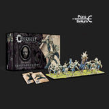 A Conquest: The Spires Vanguard Clones box sits beside a row of pale, spiked infantry miniatures with blue and gold details on a green terrain base, plus two illustrated cards. The box reads “CONQUEST” and “VANGUARD CLONES,” with a “Para Bellum” logo above.