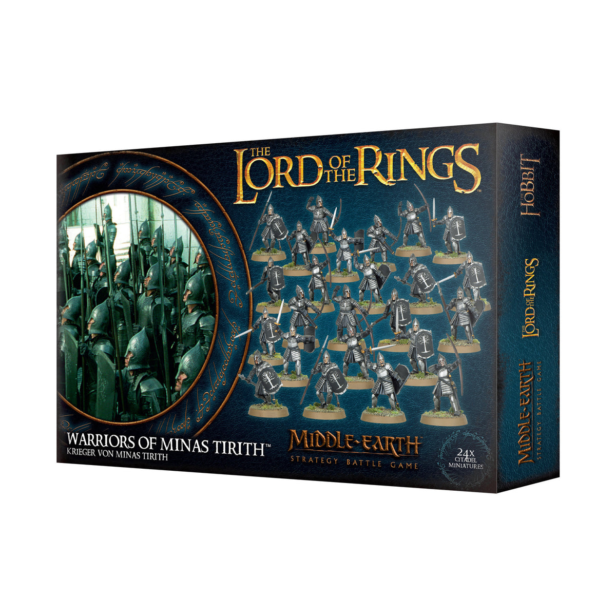 Dark blue and black miniature set box with gold lettering, a group of armored warriors holding weapons, and a circular battle scene on the front; the narrow side panel repeats the title. Text reads “THE LORD OF THE RINGS” and “WARRIORS OF MINAS TIRITH.”