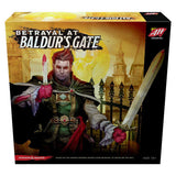 Betrayal at Baldur’s Gate board game box, shown at an angle. The gold and black cover depicts a stern, red-haired adventurer holding a sword against a yellow-lit fantasy city, with the title “BETRAYAL AT BALDUR’S GATE” and Avalon Hill logo.