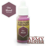 A small paint bottle with a white dropper cap and pink-purple paint visible at the neck and base. Its yellow-green label reads “THE ARMY PAINTER WARPAINTS” and “Orc Blood”; a matching hexagonal color swatch and Army Painter logo appear beside it.