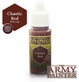 A small bottle of dark red-brown paint stands on a white background with a white ribbed dropper cap and a green-and-gold label reading “THE ARMY PAINTER WARPAINTS” and “Chaotic Red.” A brown hexagon graphic at upper left also reads “Chaotic Red.”