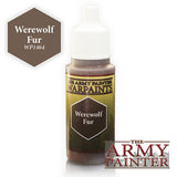 A paint bottle with a tall white cap, brown contents and a dark olive label reading “THE ARMY PAINTER WARPAINTS” and “Werewolf Fur.” A brown hexagonal swatch beside it reads “Werewolf Fur WP1464,” with “THE ARMY PAINTER” logo at the lower right.
