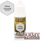 White dropper bottle with a gold-and-black label reading “THE ARMY PAINTER WARPAINTS” and a gray hexagon marked “Gloss Varnish.” An enlarged matching hexagon at upper left reads “Gloss Varnish WP1473,” with “THE ARMY PAINTER” logo at lower right.