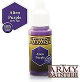 A small bottle of purple paint with a white ribbed cap and a gold-and-black label reading “THE ARMY PAINTER” and “WARPAINTS.” A purple badge beside it reads “Alien Purple” and “WP128,” with a matching-color callout above.