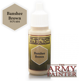 A small paint bottle with a white dropper cap and a brown-and-olive label, shown beside a beige hexagonal color swatch. The label reads “THE ARMY PAINTER WARPAINTS” and “Banshee Brown”; the swatch also reads “Banshee Brown” and “WP1404.”