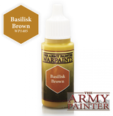 A small paint bottle with a white pointed cap and a yellow-toned body, shown beside a brown hexagon labeled “Basilisk Brown” and “WP1405.” The bottle’s green-and-brown label reads “WARPAINTS,” with a large “THE ARMY PAINTER” logo at bottom right.