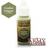 A small dropper bottle of olive-green paint with a white ribbed cap and a dark green label marked “THE ARMY PAINTER WARPAINTS” and “Combat Fatigues.” Beside it is an olive hexagon reading “Combat Fatigues WP1409,” with a large “THE ARMY PAINTER” logo at bottom right.