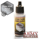 A small paint bottle with a black dropper cap and yellow label reading “THE ARMY PAINTER WARPAINTS” and “Plate Mail Metal.” A gray hexagonal Plate Mail Metal graphic appears at upper left, with a large red “THE ARMY PAINTER” logo at lower right.