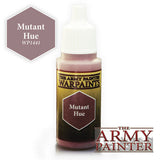 A small dropper bottle of Mutant Hue paint with a white cap and muted mauve paint visible at the neck and base. Its dark label reads “THE ARMY PAINTER WARPAINTS” and “Mutant Hue,” beside a mauve hexagon marked “Mutant Hue WP1441.”