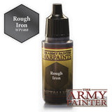 A dark paint bottle with a tall black dropper cap and gold-and-black label reading “WARPAINTS” and “Rough Iron.” A gray hexagon beside it reads “Rough Iron WP1468,” with “THE ARMY PAINTER” logo at lower right.