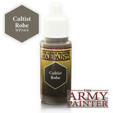 A small dark olive-brown paint bottle with a white dropper cap stands on a white background. Its label reads “THE ARMY PAINTER WARPAINTS” and “Cultist Robe”; a matching brown hexagon reads “Cultist Robe WP1414,” beside a large “THE ARMY PAINTER” logo.