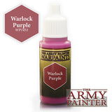 A small Warlock Purple paint bottle with a white dropper cap, purple neck and base, and a black-and-gold label. The label reads “THE ARMY PAINTER WARPAINTS” and “Warlock Purple”; a matching hexagon swatch marked “WP1451” appears beside it.