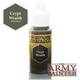 Dark gray-green paint bottle with a white dropper cap and yellow label reading “THE ARMY PAINTER WARPAINTS” and “Crypt Wraith.” A matching hexagonal color swatch marked “Crypt Wraith WP1413” appears at upper left, with The Army Painter logo at lower right.