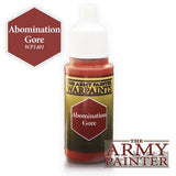 A small paint dropper bottle with a white cap and reddish-brown paint, shown upright against a white background. Its label reads “THE ARMY PAINTER WARPAINTS” and “Abomination Gore”; a matching color swatch at upper left reads “WP1401.”