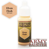 A small white squeeze bottle of paint with a pale peach cap and a dark olive label reading “THE ARMY PAINTER WARPAINTS” and “Elven Flesh.” A matching peach hexagon marked “Elven Flesh WP1421” appears at upper left, with “THE ARMY PAINTER” logo at lower right.