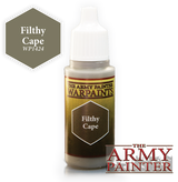 A small paint bottle with a white dropper cap and an olive-brown label stands beside a matching hexagon color swatch. The label reads “THE ARMY PAINTER,” “WARPAINTS,” and “Filthy Cape”; the swatch is marked “Filthy Cape WP1424.”